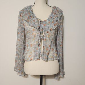 Dizzy Lizzy Sheer Floral Boho Tie Front Flare Sleeve Top Sz S Hippy Cottage